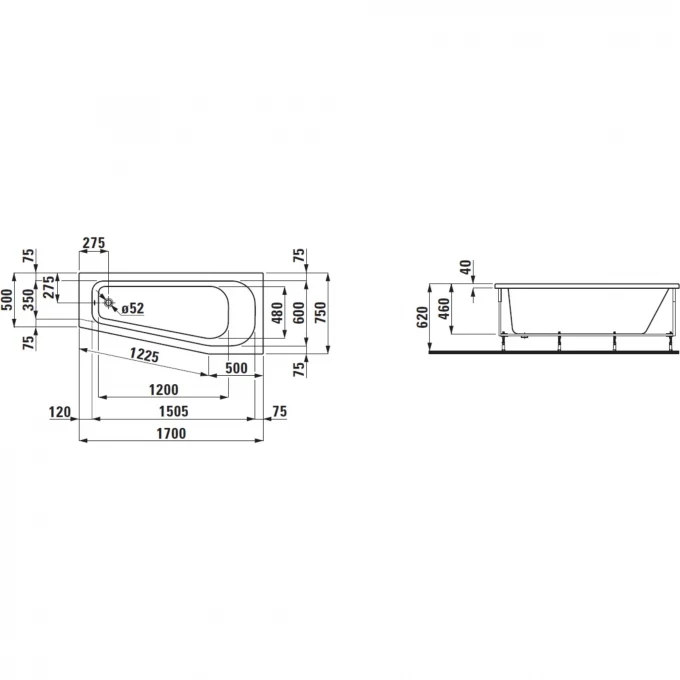 LAUFEN асимитричная акриловая ванна 170х75 см, правая, с каркасом, SOLUTIONS - 2.2351.1.000.000.1