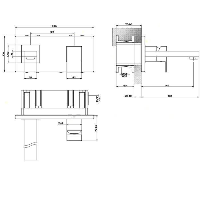 Gessi Встраиваемый однорычажный смеситель, излив 146мм, Rettangolo, 44840#031 цвет: хром
