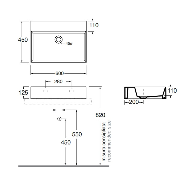 AZZURRA раковина подвесная/накладная 60х45см., без отв., Elegance Squared, ELLP060450Q0TO*0 цвет: Tortora