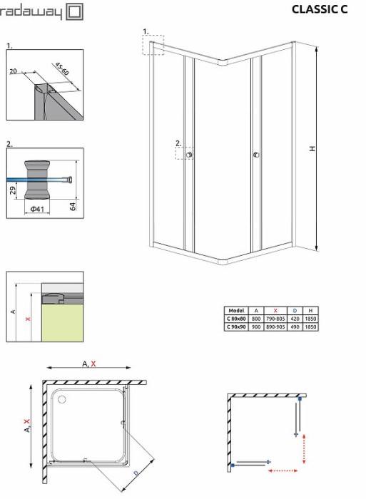 Radaway душевой уголок c 90x90 профиль хром стекло прозрачное, Classic - 30050-01-01