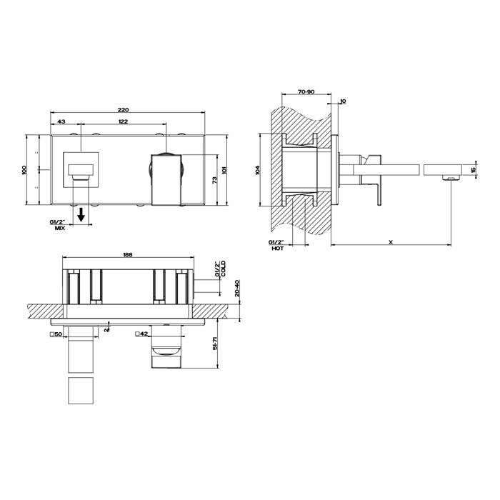Gessi Смеситель для раковины, встраиваемый, однорычажный, с инд.длиной излива (70-300мм), Rettangolo, 44834#299 цвет: black xl