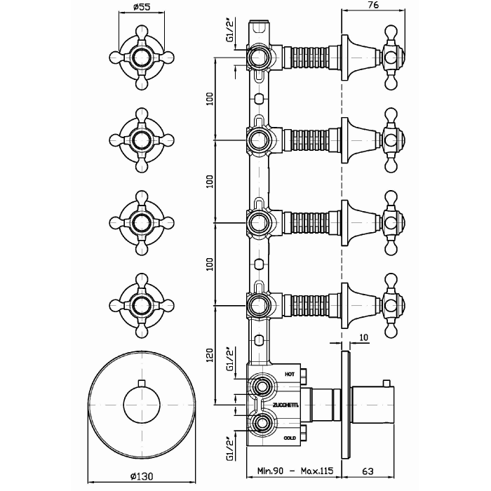Zucchetti встроенный термостатический смеситель с 4 запорными клапанами, agora, хром арт. zag662 r97823