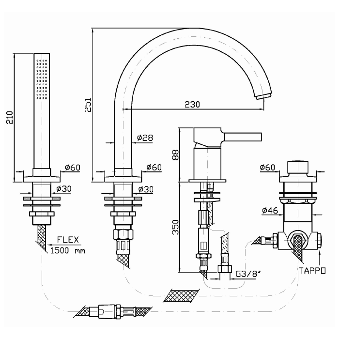Zucchetti смеситель на борт ванной, на 4 отв, однорычажный, гибкий шланг 1500 мм., pan, хром арт. zp6502