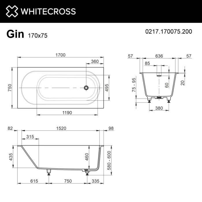 Пристенная ванна 170x75, Whitecross Gin, белый мат арт. 0217.170075.200