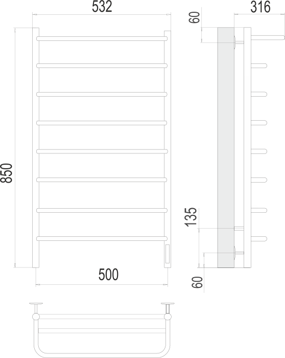 Terminus электрический полотенцесушитель полка п8 500х850 электро (quick touch), электрика стандарт арт. 4670078524836