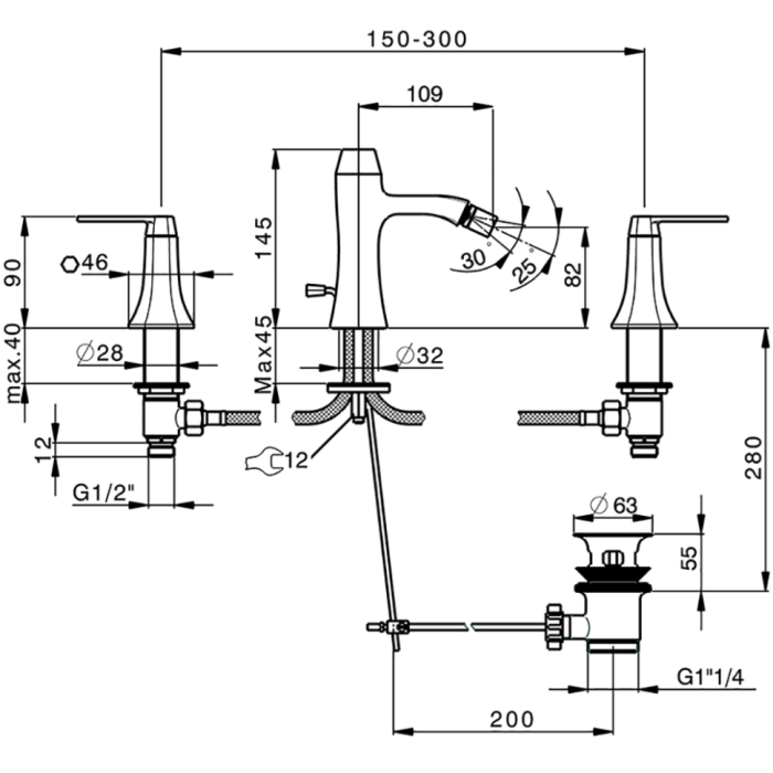 Cisal смеситель для биде на 3 отверстия, с донным клапаном cf0012207e cherie, цвет: розовое золото