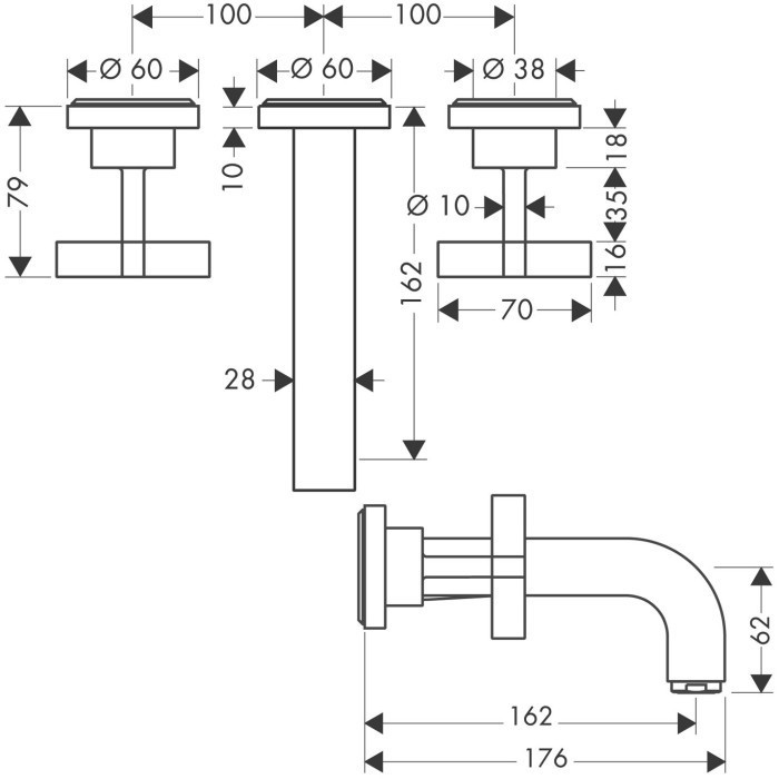 AXOR смеситель для раковины, на 3 отверстия, скрытого монтажа, с изливом 162 мм, с крестообразными рукоятками, с отдельными розетками, Citterio, сталь арт. 39313800