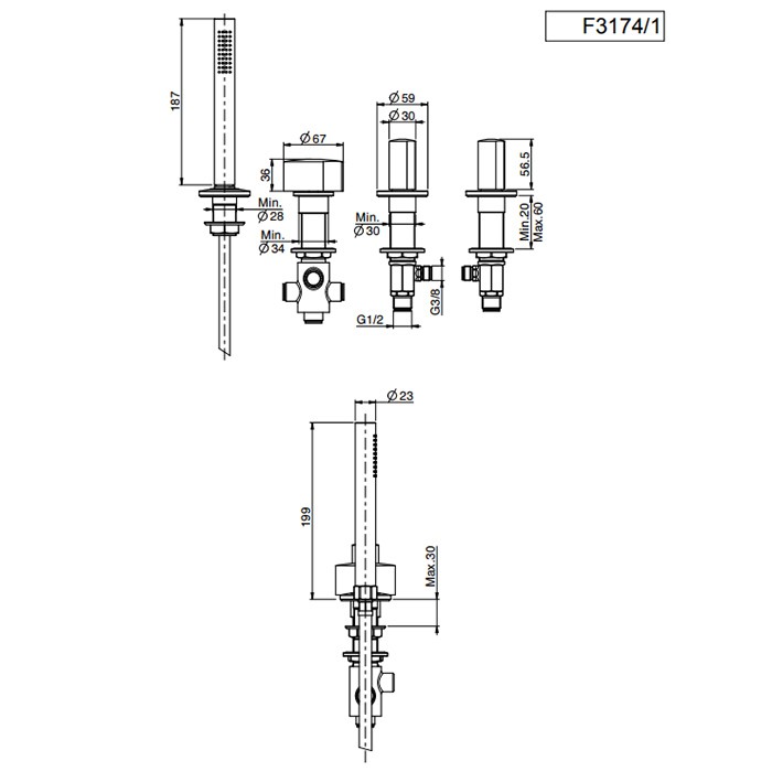 Fima Carlo Frattini смеситель на борт ванны двойной, без излива, с душевым комплектом, so, хром арт. f3174/1cr s4cr s2cr