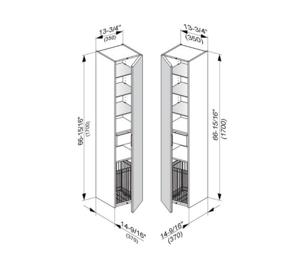 Keuco шкаф - пенал высокий подвесной петли справа, 3 стеклянные полки, с бельевой корзиной, edition 11, черный арт. 31331 570001