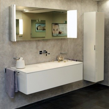 Keuco шкаф - пенал высокий подвесной петли справа, 3 стеклянные полки, с бельевой корзиной, edition 11, черный арт. 31331 570001