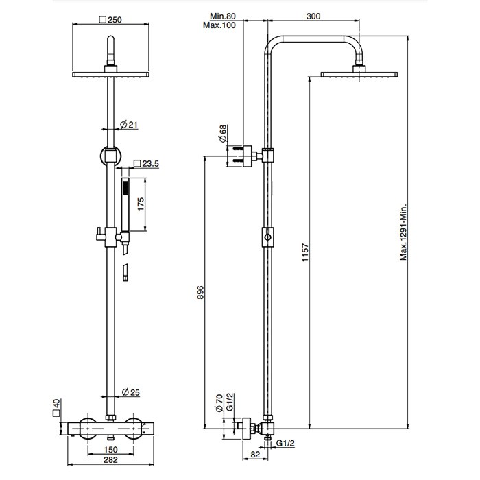 Fima Carlo Frattini душевая стойка, верхний душ 25х25см., с термостатическим смесителем, держателем и ручным душем colonne doccia, хром арт. f4255nqcr