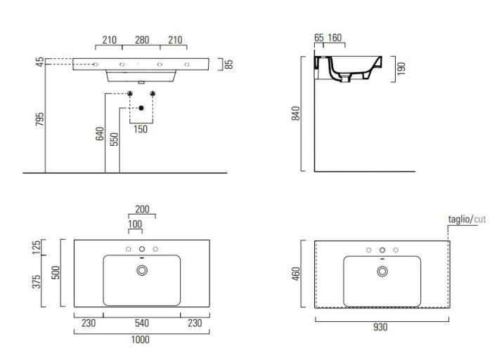 GSI Подвесная раковина 100х50х19 см, санфарфор, с отв. под смеситель, Nubes - 9651111