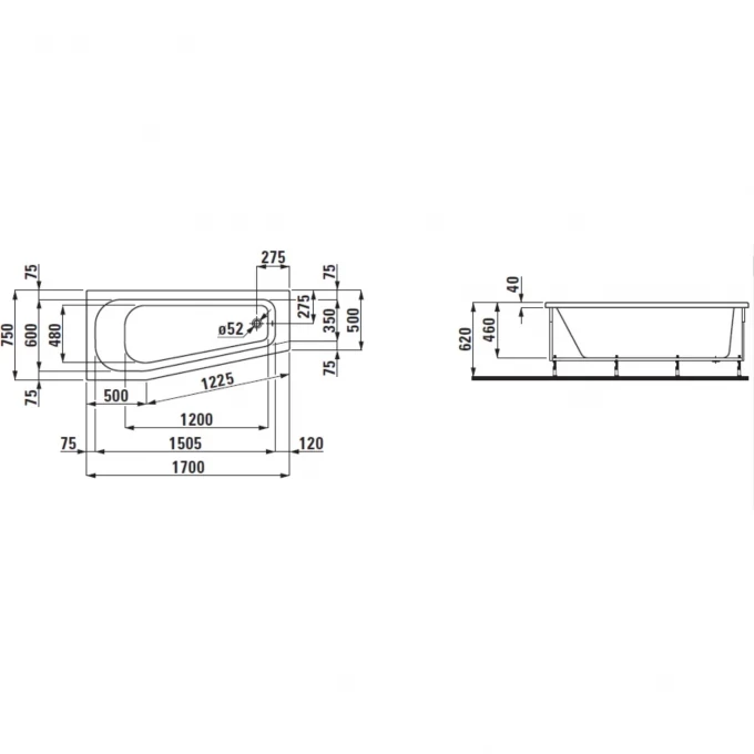LAUFEN асиметричная акриловая ванна 170x75 см, левая с каркасом, SOLUTIONS - 2.2352.1.000.000.1