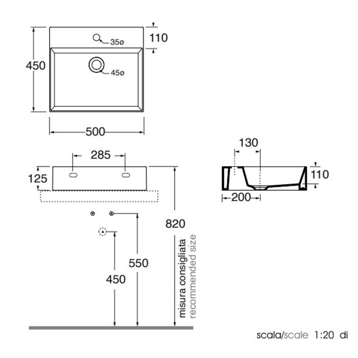 Azzurra раковина подвесная/накладная 50х45см., с 1 отв., Azzurra, ELLP050450QMCA/(EQA50M CA)*1 carbone цвет: carbone