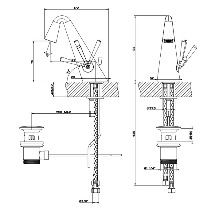 Gessi Смеситель для раковины, на 1 отв., с донным клапаном, Cono, 45002#706 цвет: black metal pvd