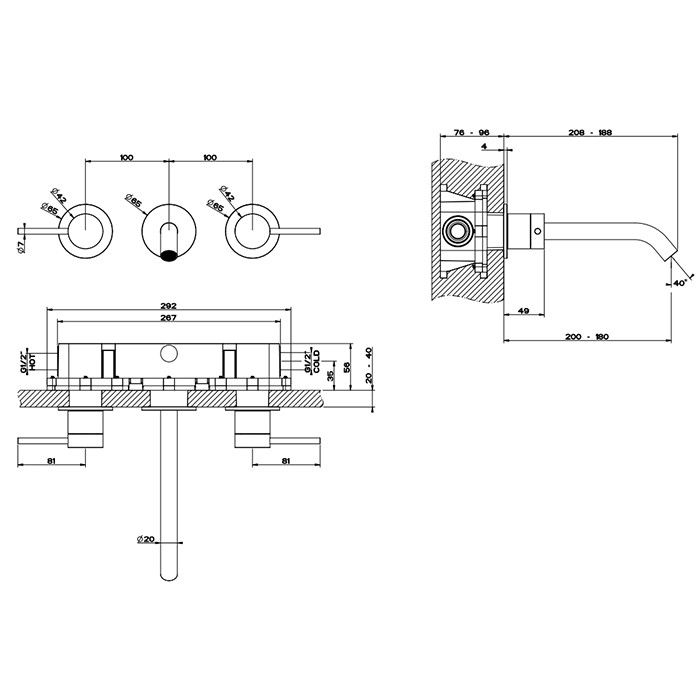 Gessi Встраиваемый смеситель с изливом 200-180мм, 316, 54094#707 цвет: brushed black metal pvd
