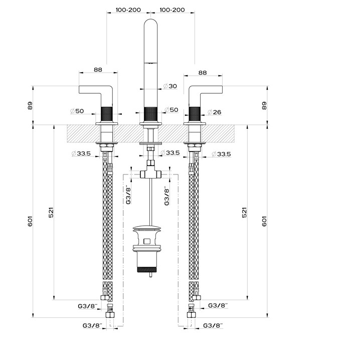 Gessi Смеситель для раковины на 3 отверстия с донным клапаном, Inciso, 58013#299 цвет: black xl