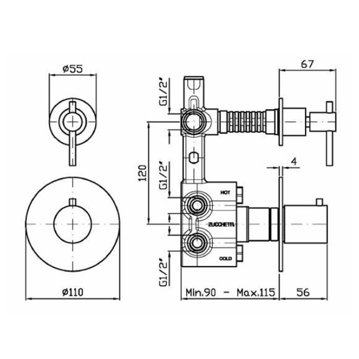 Zucchetti смеситель для душа, встраиваемый, термостатический, с переключателем потоков, ручка: рычаг, helm, нержавеющая сталь арт. zhl659.x