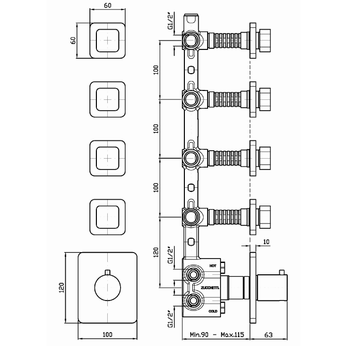 Zucchetti термостатический встроенный смеситель, с 4 запорными клапанами, soft, хром арт. zp7662 r97823