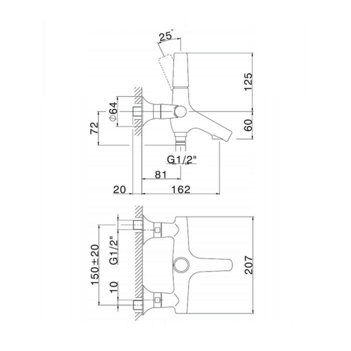 Cisal смеситель настенный однорычажный для ванны без душа, выход снизу vi00013421 vita, цвет: хром