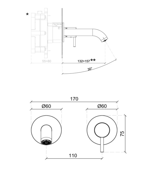 Almar внешняя часть смесителя для раковины из сантехнической латуни, излив длинной 132-157 мм, расположение ручки смесителя универсальное,  цвет хром