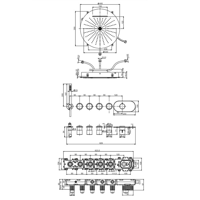 Fima Carlo Frattini душевая система с верхним душем 40см., смеситель термостатический, с ручным душем sistemi doccia, хром арт. f3188x4r40cr