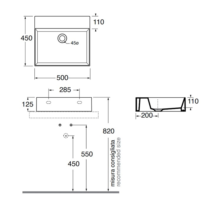Azzurra раковина подвесная/накладная 50х45см., без отв., Azzurra, ELLP050450Q0CA/(EQA50 CA)*0 carbone цвет: carbone