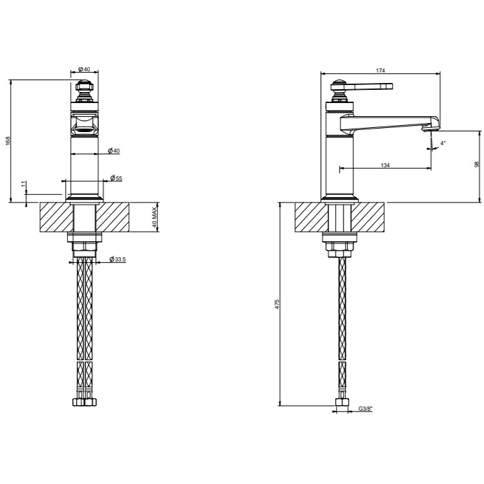 Gessi Смеситель для раковины, 1 отв., без донного клапана, Venti20, 65002#149 цвет: finox brushed nickel
