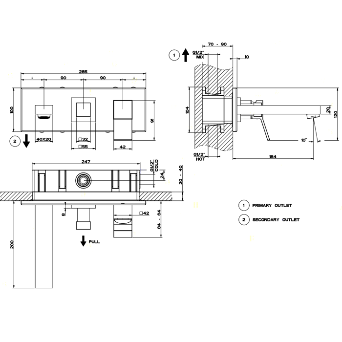 Gessi Встраиваемый смеситель с изливом и переключателем PULL, Rettangolo, 53138#031 цвет: хром