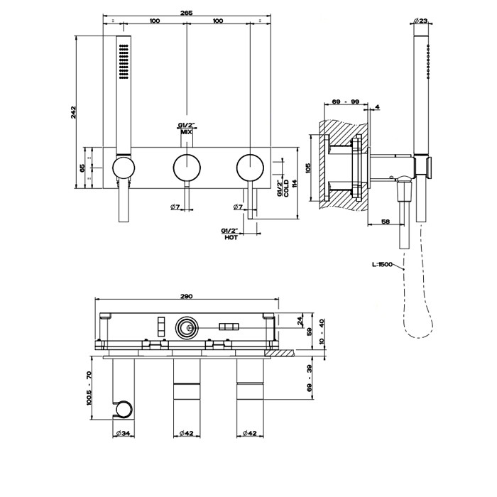Gessi Встраиваемый настенный смеситель для ванны, автоматический переключатель ванна-душ, держатель неподвижный, Shower316, 54038#239 цвет: шлифованная сталь