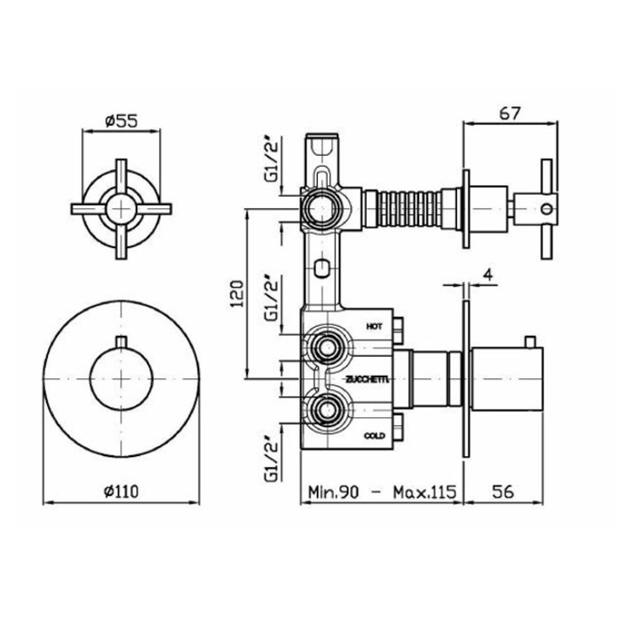 Zucchetti смеситель для душа, встраиваемый, термостатический, с переключателем потоков, helm, нержавеющая сталь арт. zhm659.x