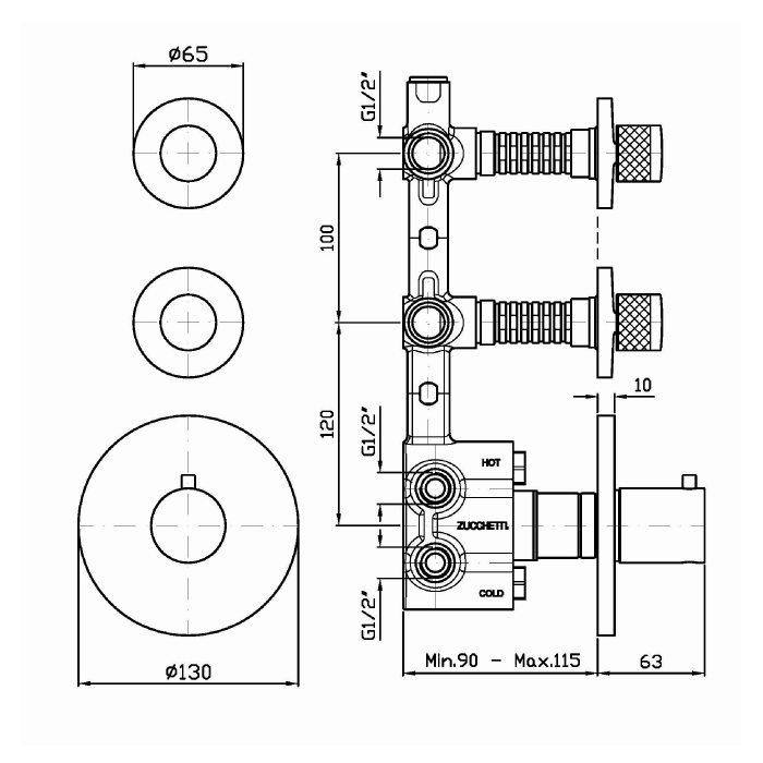 Zucchetti термостатический смеситель, для скрытого монтажа 1/2”, с 2 запорными клапанами, isystick, хром арт. zd1660 r97821