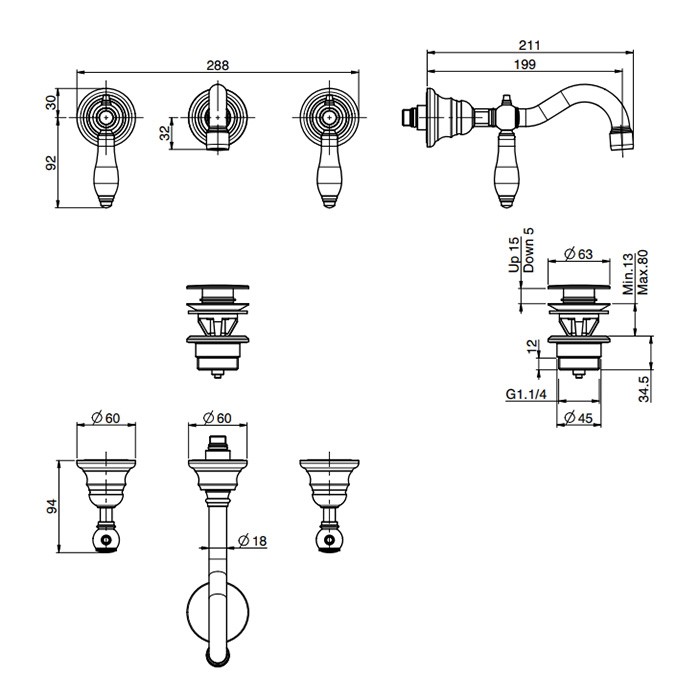 Fima Carlo Frattini смеситель для раковины, встраиваемый, излив: 19.9см., herend, хром арт. f5401l/5cbcr