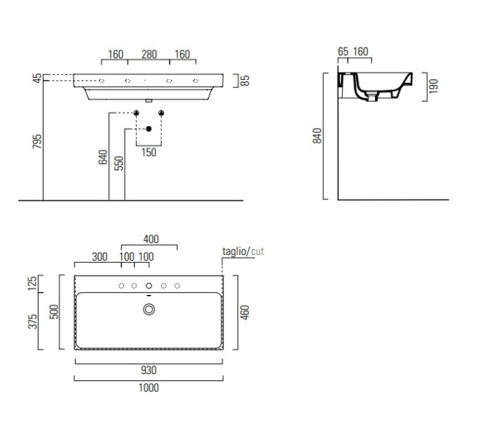 GSI Подвесная раковина 100х50х19 см, санфаянс, с отв. под смеситель, Nubes - 9623111