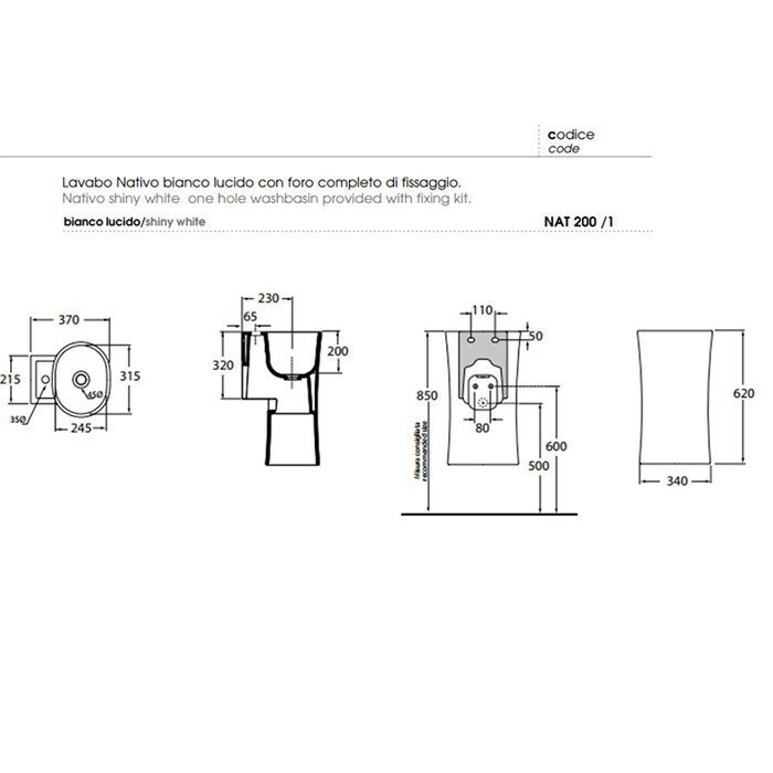Azzurra Раковина 37x35 Nativo, LALS035370NM/(NAT200/1 bi)*1 цвет: белый