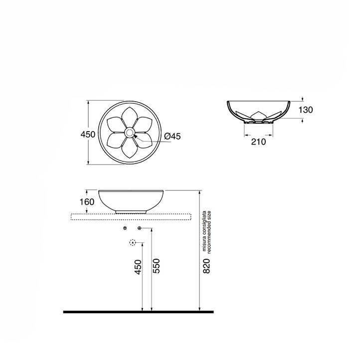AZZURRA раковина накладная, 45хh:16см, без отв., Fleur, LALA045160F0TO*0 цвет: Tortora