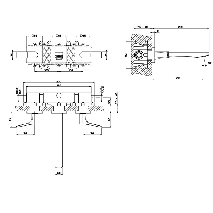 Gessi Встраиваемый смеситель для раковины на 3 отв, с изливом 213мм, Rilievo, 59090#299 цвет: nero xl