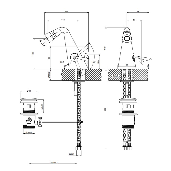 Gessi Смеситель для биде с донным клапаном на 1 1/4”, соединительные шланги на 3/8, Cono, 45007#149 цвет: finox