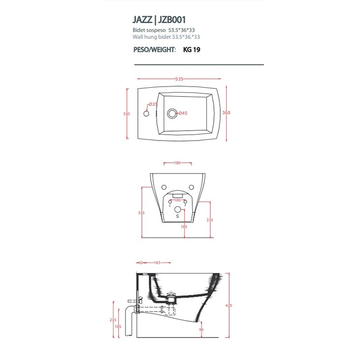 Биде подвесное 36x54 см, 1 отверстие, белый/декор черные линии, Art Ceram Jazz арт. JZB001 01 10