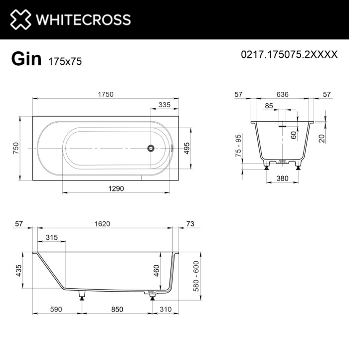 Пристенная ванна 175x75, Whitecross Gin, RAL мат арт. 0217.175075.2XXXX
