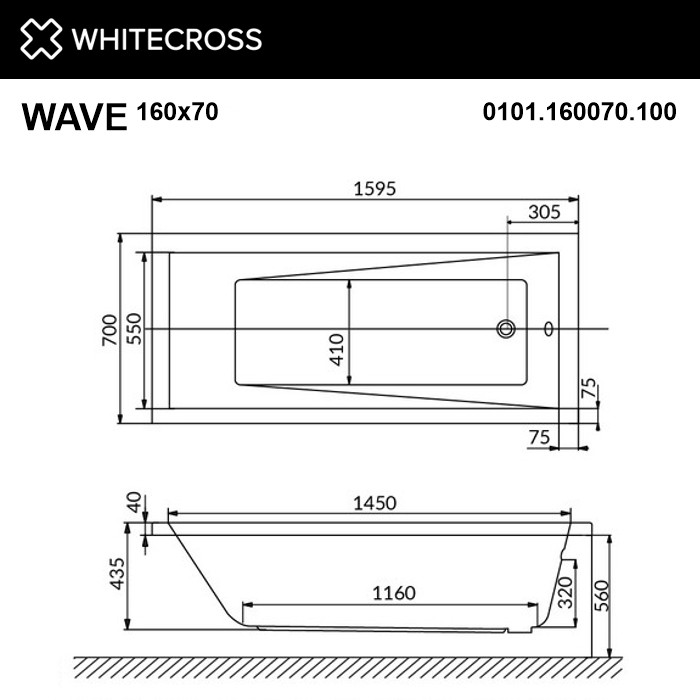 Встраиваемая ванна 160x70 line nano, Whitecross Wave, хром арт. 0101.160070.100.LINENANO.CR