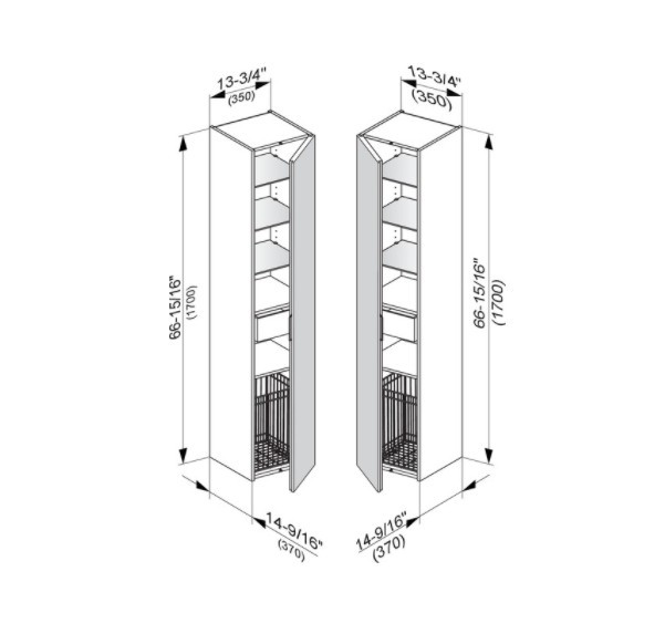 Keuco шкаф - пенал высокий подвесной петли справа, 3 стеклянные полки, с бельевой корзиной, edition 11, кашемир арт. 31331 180002