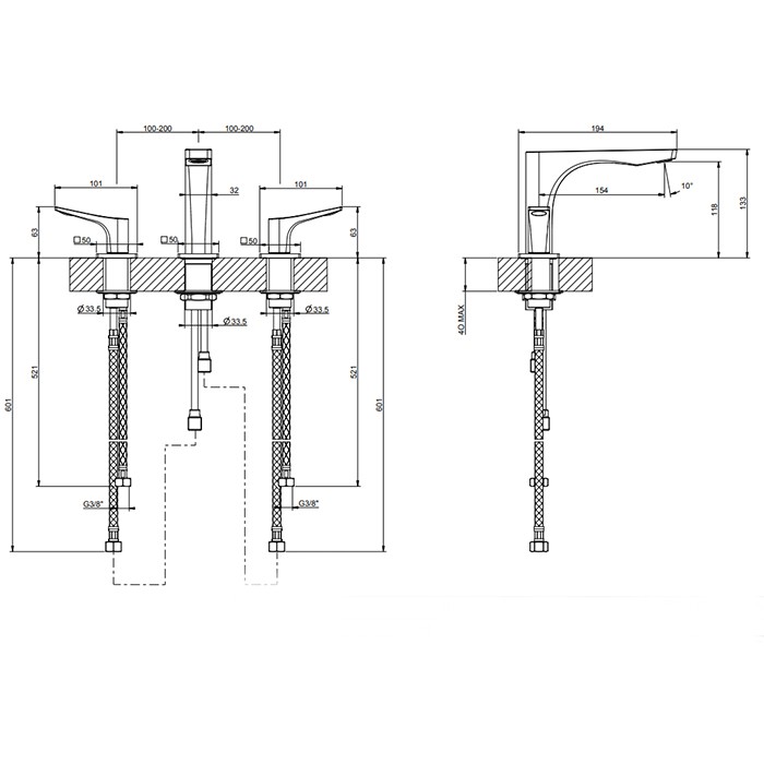 Gessi Смеситель для раковины на 3 отв. без донного клапана h=125мм, излив 154мм, Rilievo, 59012#299 цвет: nero xl