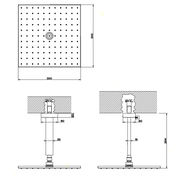 Gessi Верхний душ для потолочного крепления 300x300мм, Rettangolo, 15186#031 цвет: хром