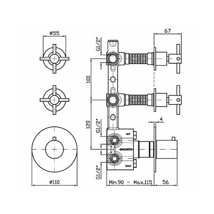 Zucchetti смеситель для душа, встраиваемый, термостатический, с переключателем на 2 потока, helm, нержавеющая сталь арт. zhm660.x
