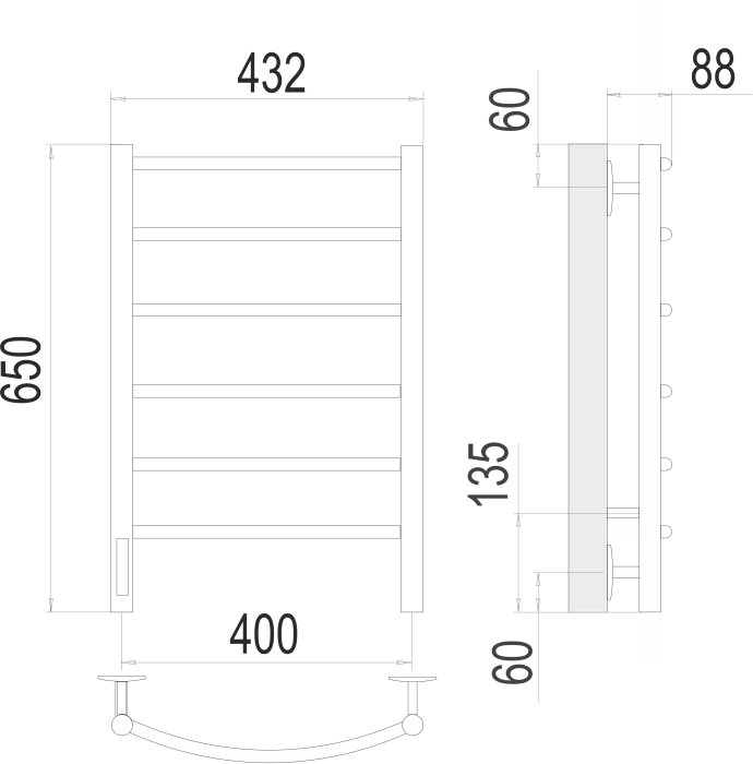 Terminus электрический полотенцесушитель классик п6 400х650 электро (quick touch) слева, электрика стандарт арт. 4670078531315