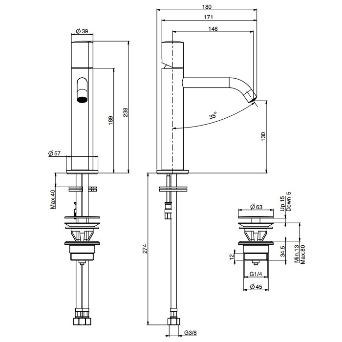 Fima Carlo Frattini смеситель для раковины, на 1 отверстие, без ручки, с донным клапаном click-clack, so, хром арт. f3181cr s3cr