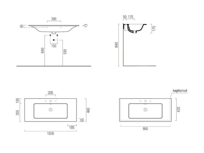 GSI Подвесная раковина 102,6х46х17,5 см, санфаянс, Pura - 8833111