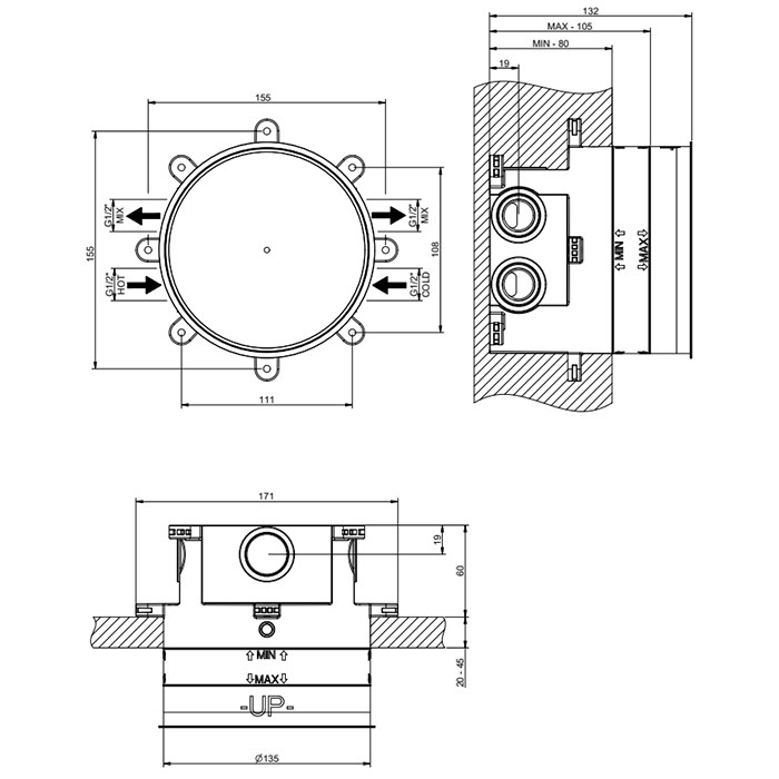 Gessi Встраиваемая часть для термостатического смесителя с 2 запорными кнопками, Hi Fi Comfort, 38267#031 цвет: хром