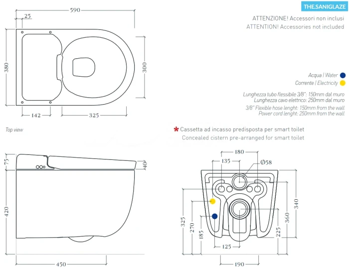 Унитаз подвесной 38х59 см с крышкой-биде и дистанционным пультом управления в комплекте, белый/покрытие Saniglaze, Art Ceram Hype арт. KHYV001 01 00